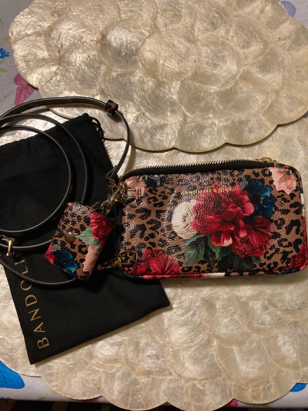 Bandolier Leopard Floral Crossbody Wristlet - Brown with Red & Pink Flowers